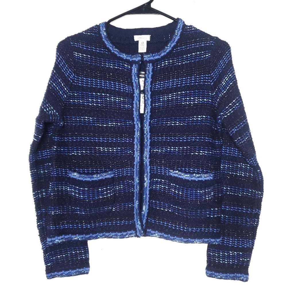 Chico's Womens Sweater Tweed Cardigan Size 0 Small US 4 Blue Stripe Preppy Chic
